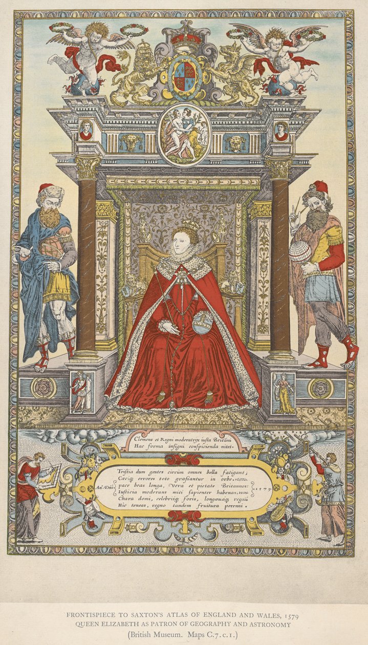 Drottning Elizabeth som beskyddare av geografi och astronomi. Frontispice till Saxtons atlas över England Wales från 1579 (färg litho) av English School
