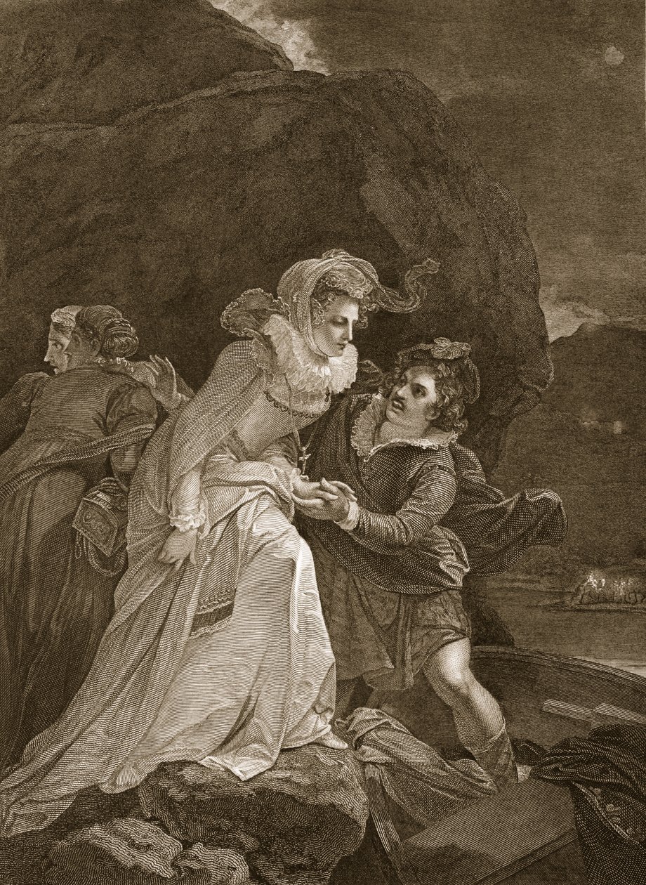 Drottning Mary som flyr från slottet Loch Leven, illustration från David Humes The History of England, pub. av R. Bowyer, London, 1812 av English School