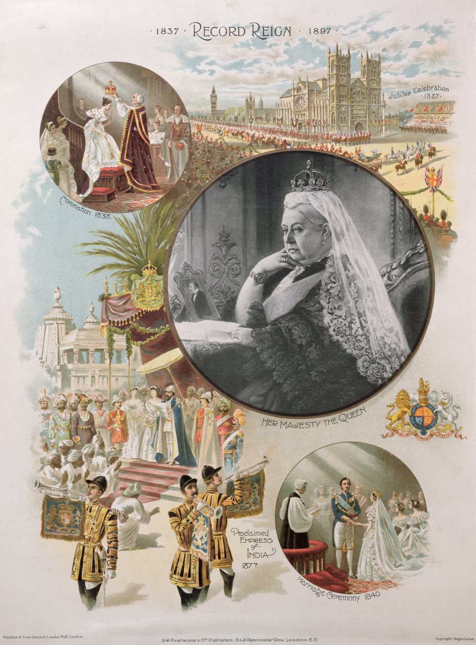 Drottning Victoria (1819-1901) avbildad vid tiden för hennes diamantjubileum 1897 tillsammans med några av de viktigaste händelserna i hennes liv, 1897 av English School
