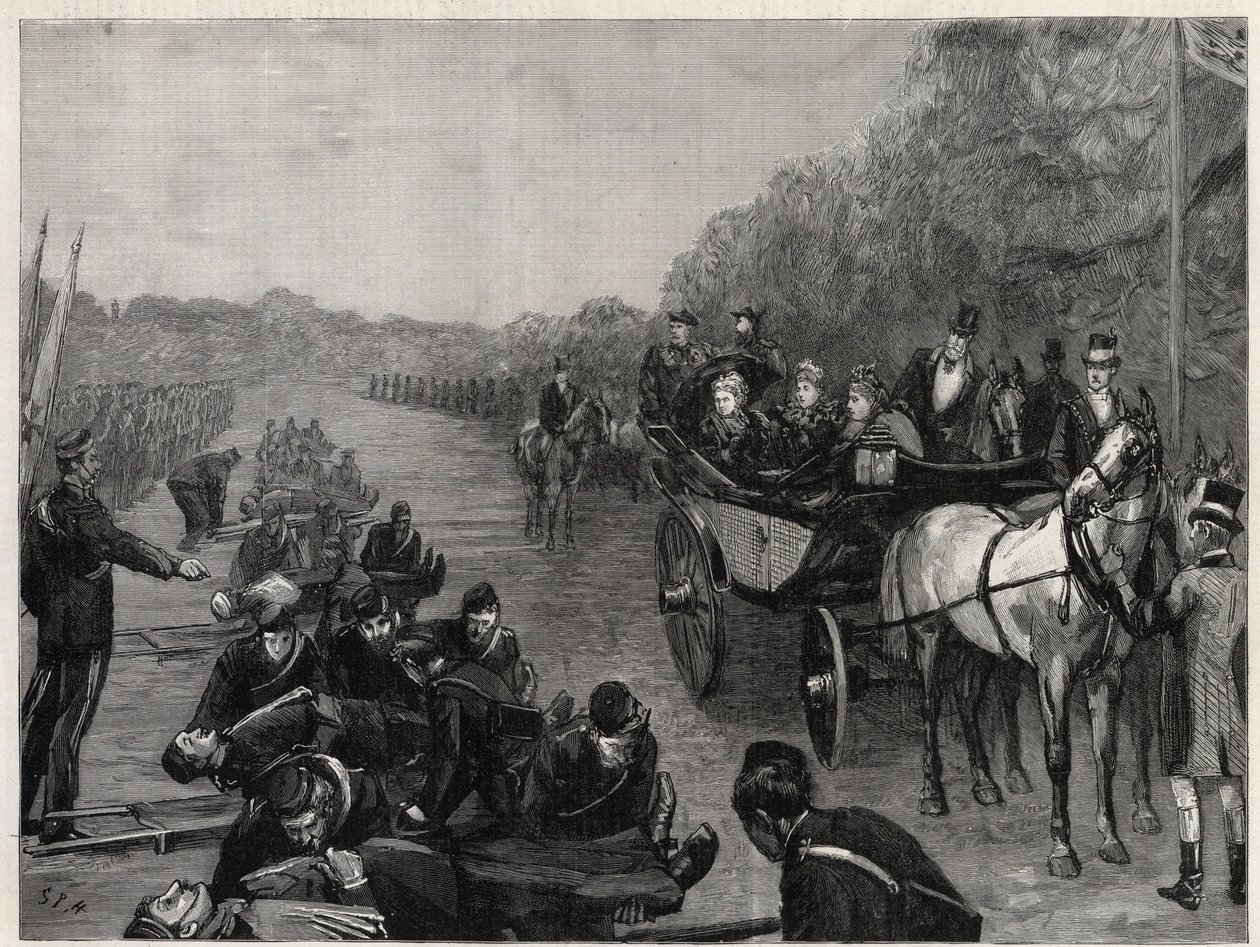 Drottning Victoria - Inspektionen av Hennes Majestät Drottningen av överste Seeys ambulanskår i Windsor Park. Illustration för The Graphic av English School