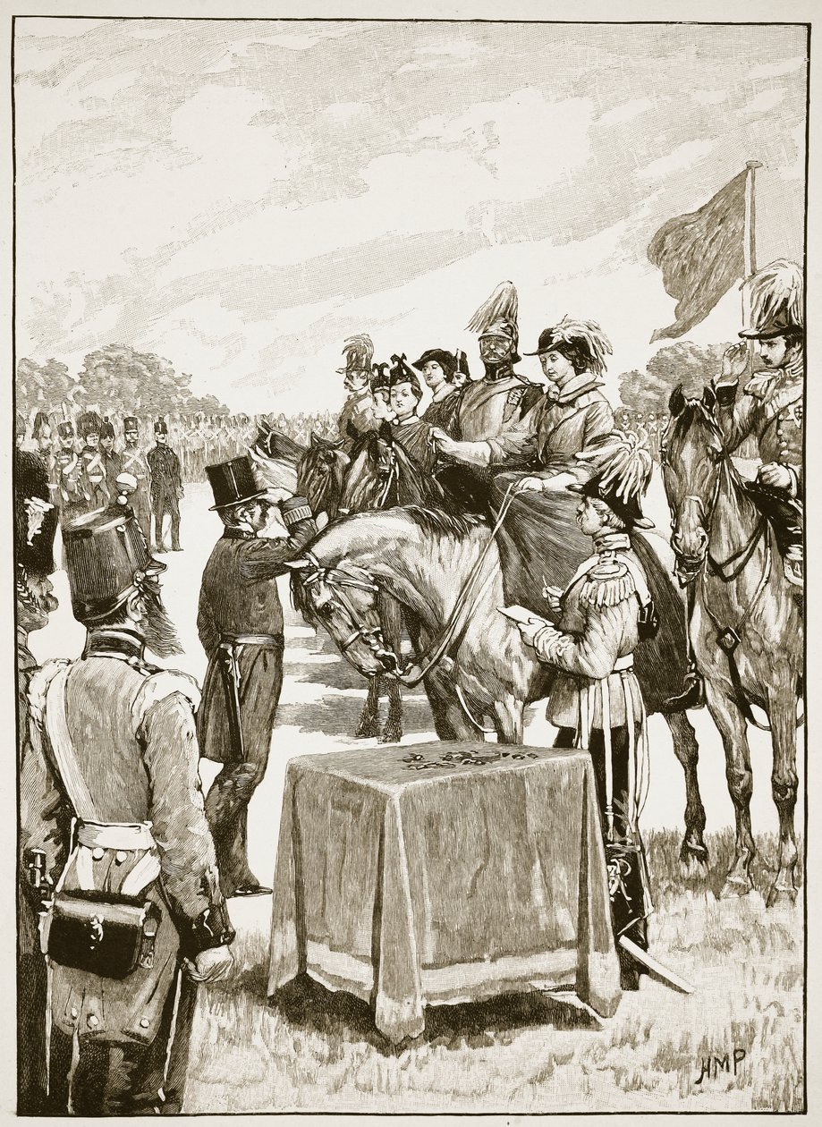 Drottning Victoria vid den första presentationen för Victoria Cross, illustration från Cassells Illustrated History of England (sepiafoto) av English School