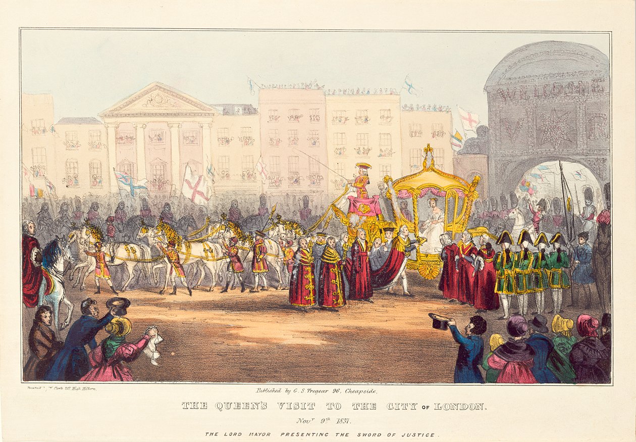 Drottning Victoria går in i staden London vid Temple Bar, graverad av G. Tregear, 1837 av English School