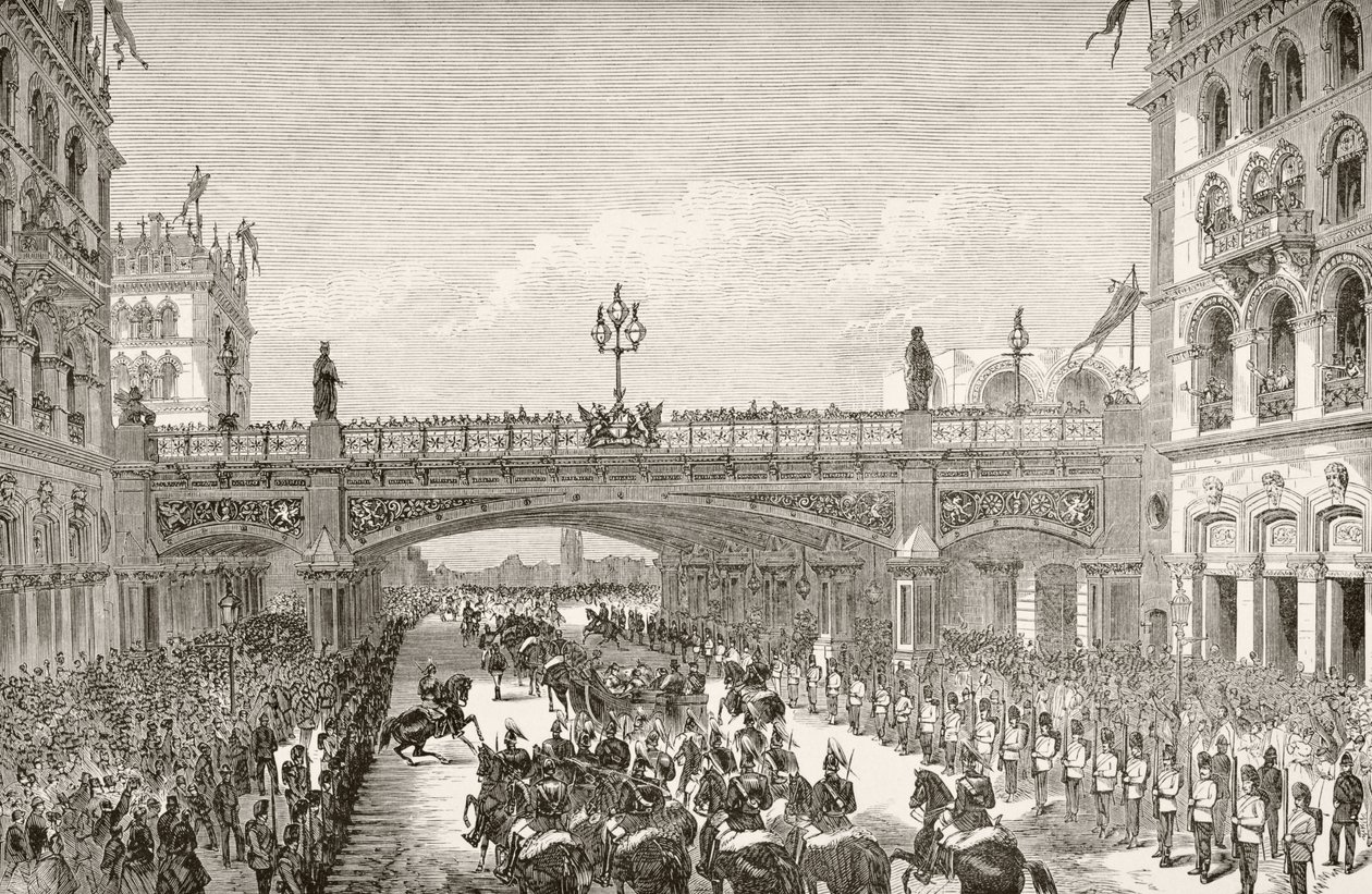 Drottning viktoriansk öppning Holborn Viaduct 1869, från "The National and Domestic History of England" av William Hickman Smith Aubrey (1858-1916) publicerad London, c.1890 av English School