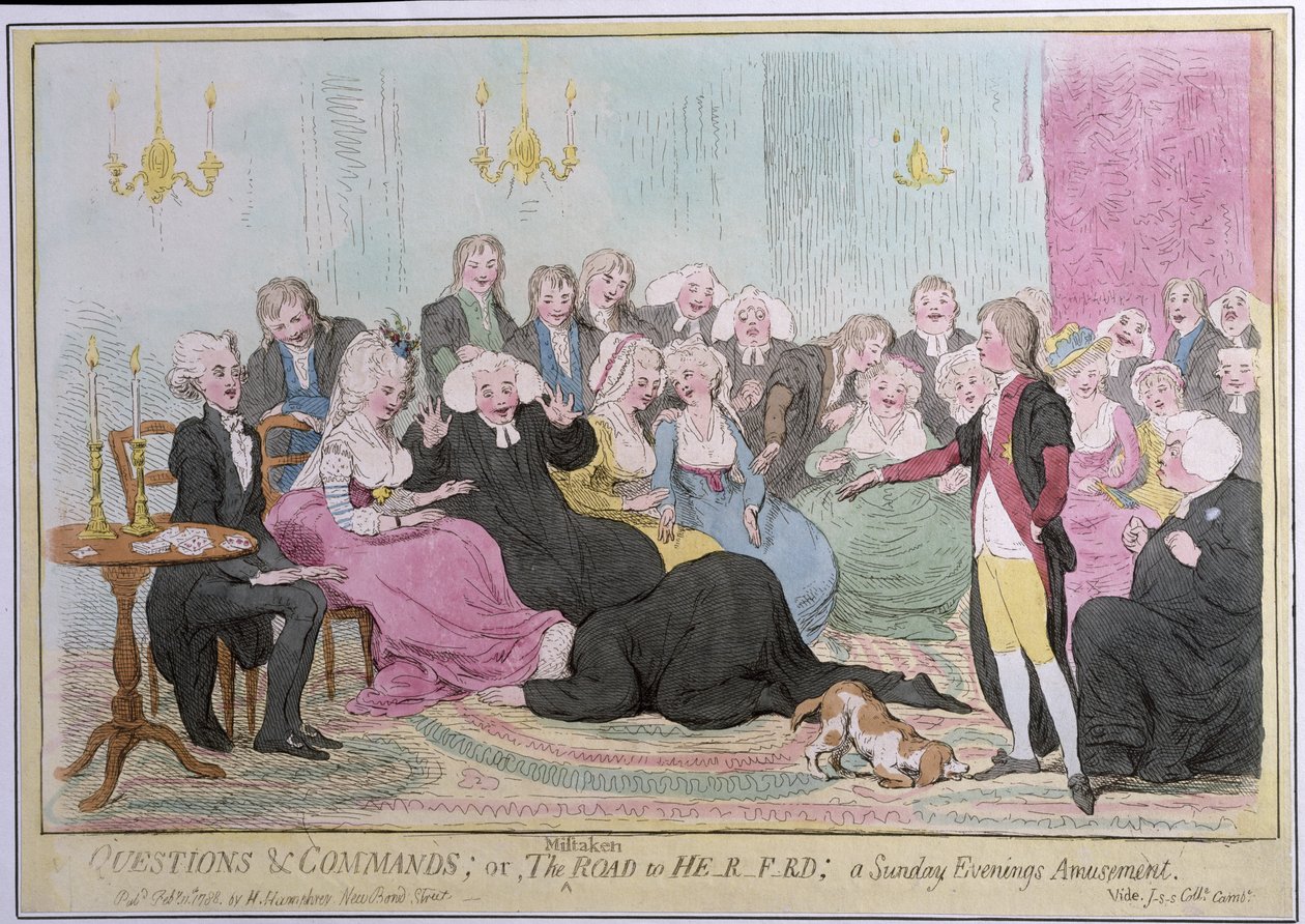 Frågor och kommandon, eller The Mistaken Road to H-r-f-rd: a Sunday Evenings Amusement, publicerad av Hannah Humphrey 1788 (handfärgad etsning) av English School