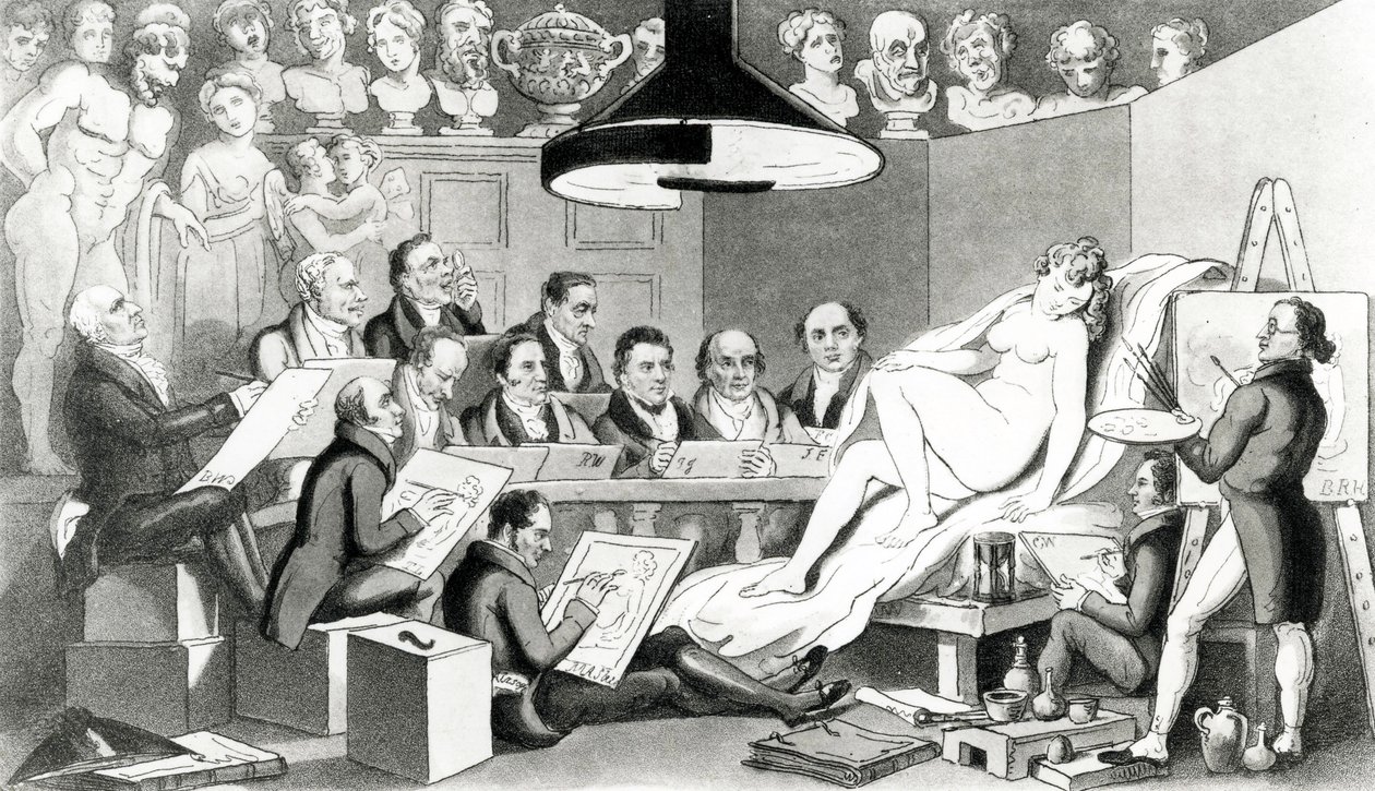 R. A.s of Genius reflekterar över skönhetens sanna linje vid Life Academy Somerset House, publicerad av Sherwood, Jones & Co., 1824 av English School