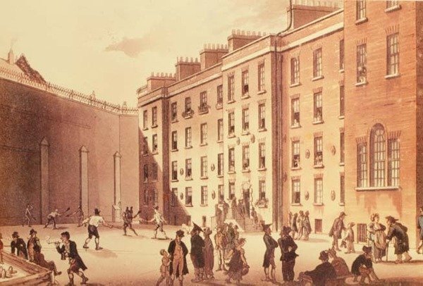 Racketter på Fleet Prison, illustration från "London Life", pub. 1809 (lito) av English School