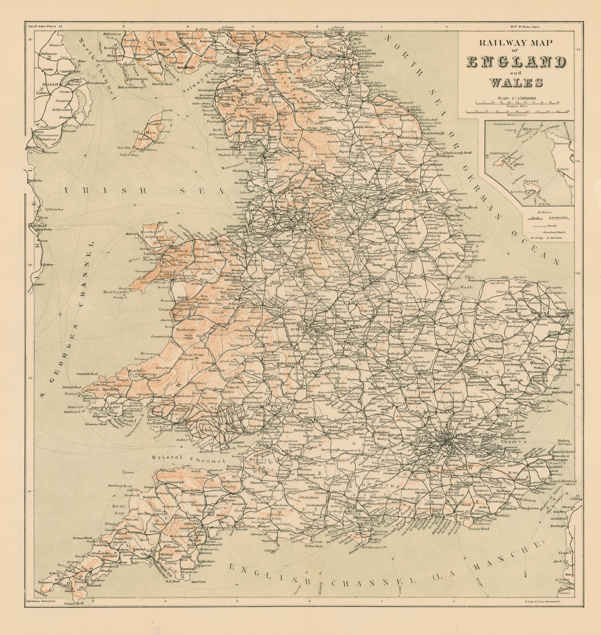 Järnvägskarta över England och Wales (litografi) av English School