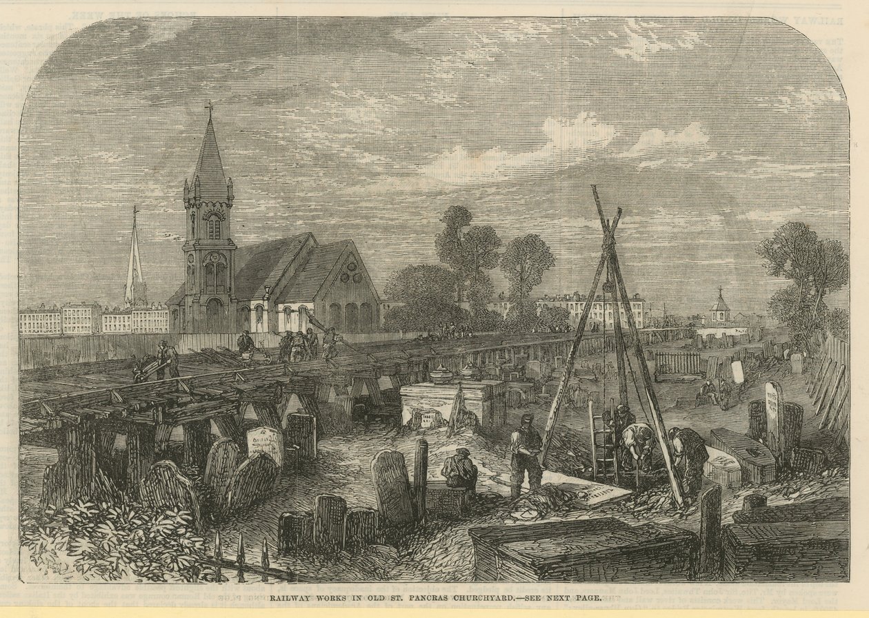 Järnvägsarbeten på Old St Pancras kyrkogård (gravyr) av English School