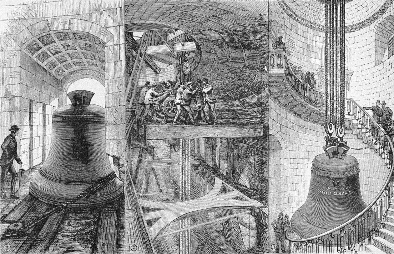 Att höja den stora klockan i Tower of St. Pauls Cathedral, från The Illustrated London News, 3 juni 1882 av English School