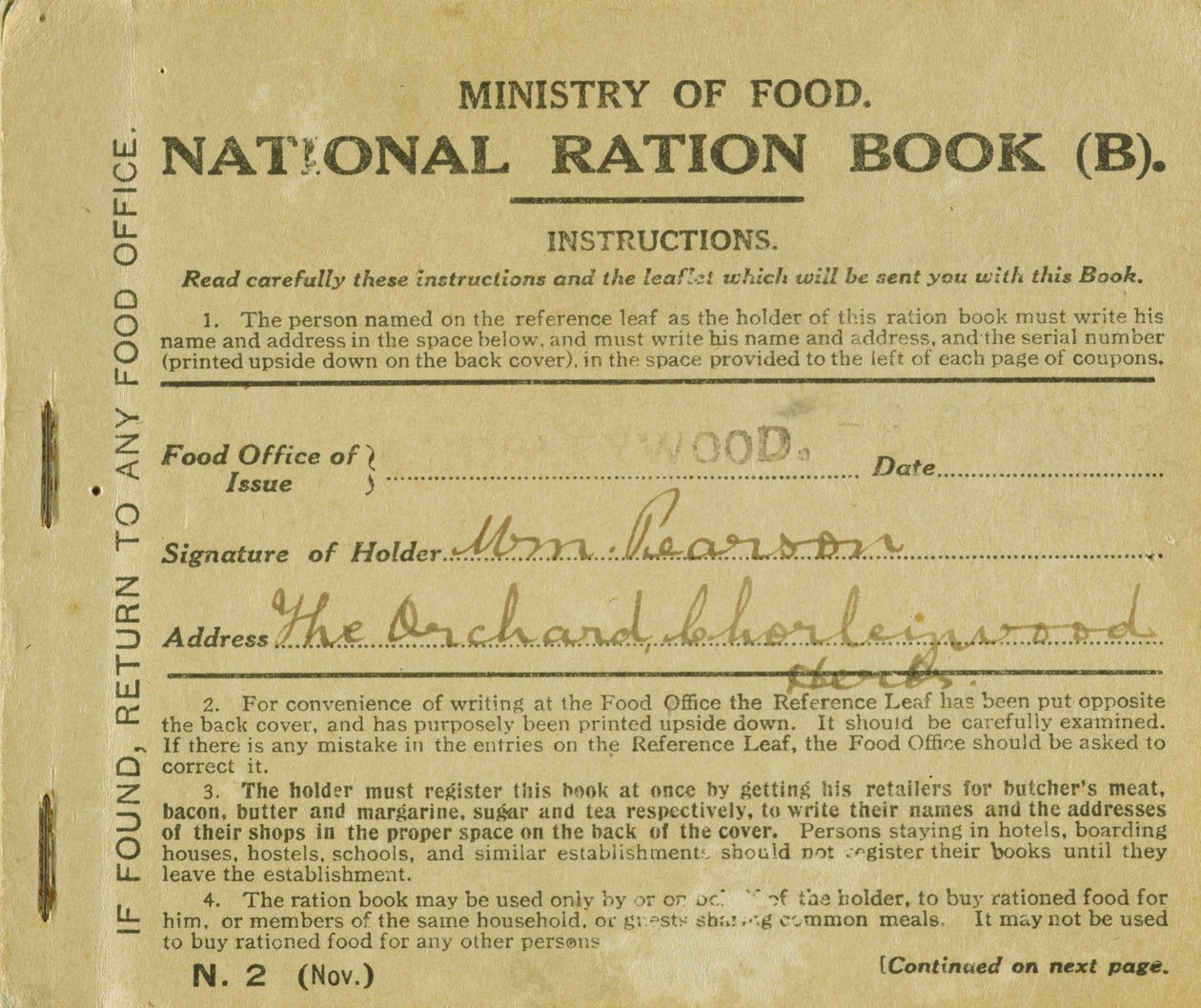 Ransoneringsbok för William Pearson, Chorleywood, Hertfordshire, 1919 (tryck) av English School