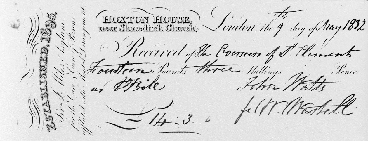 Betalningskvitto mottaget av Sir Jonathan Miles asyl på Hoxton House, 1832 (bläck på tryckt papper) av English School