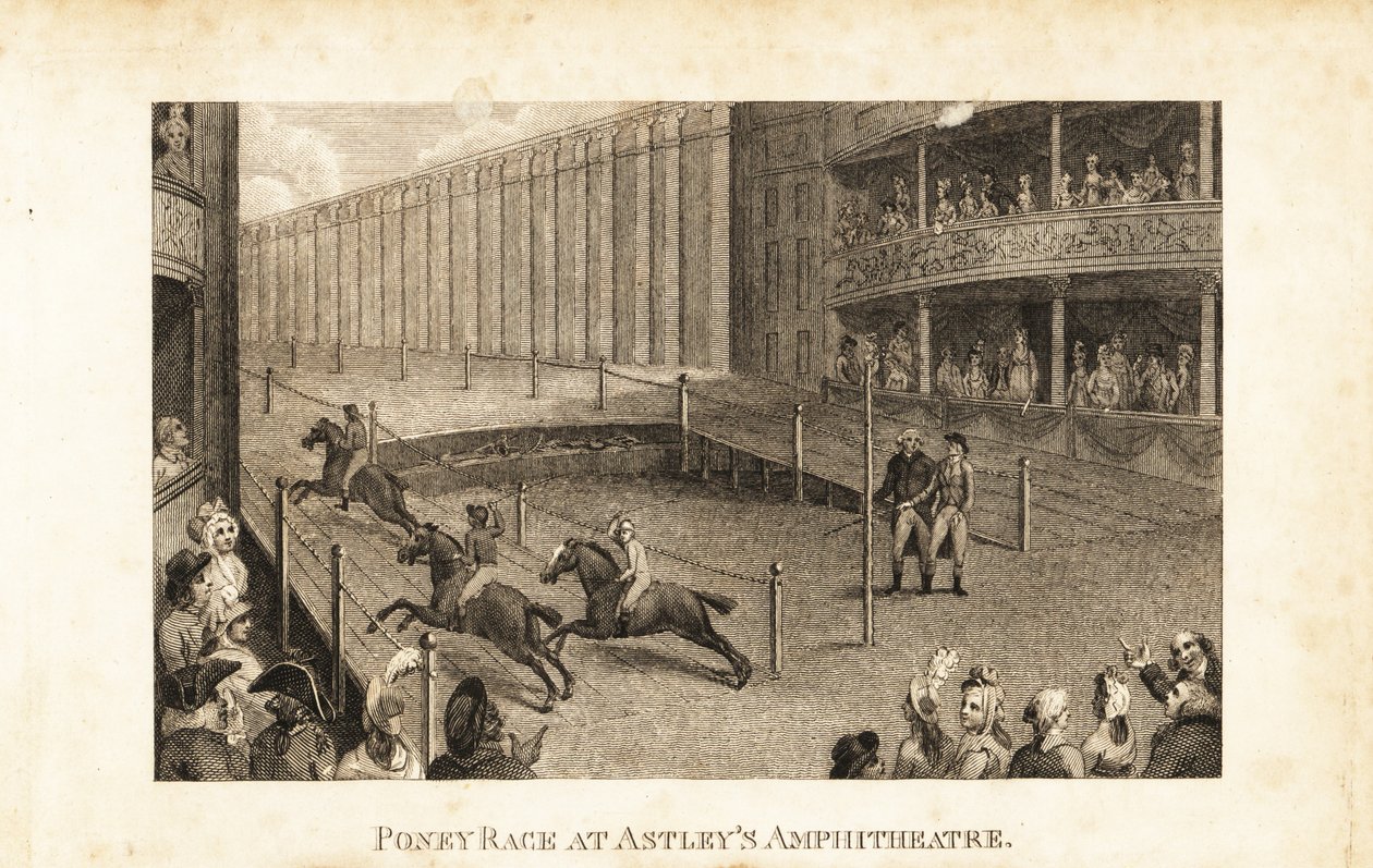Regencypublik i teaterlådor och stånd som tittar på en hästkapplöpning i Astley