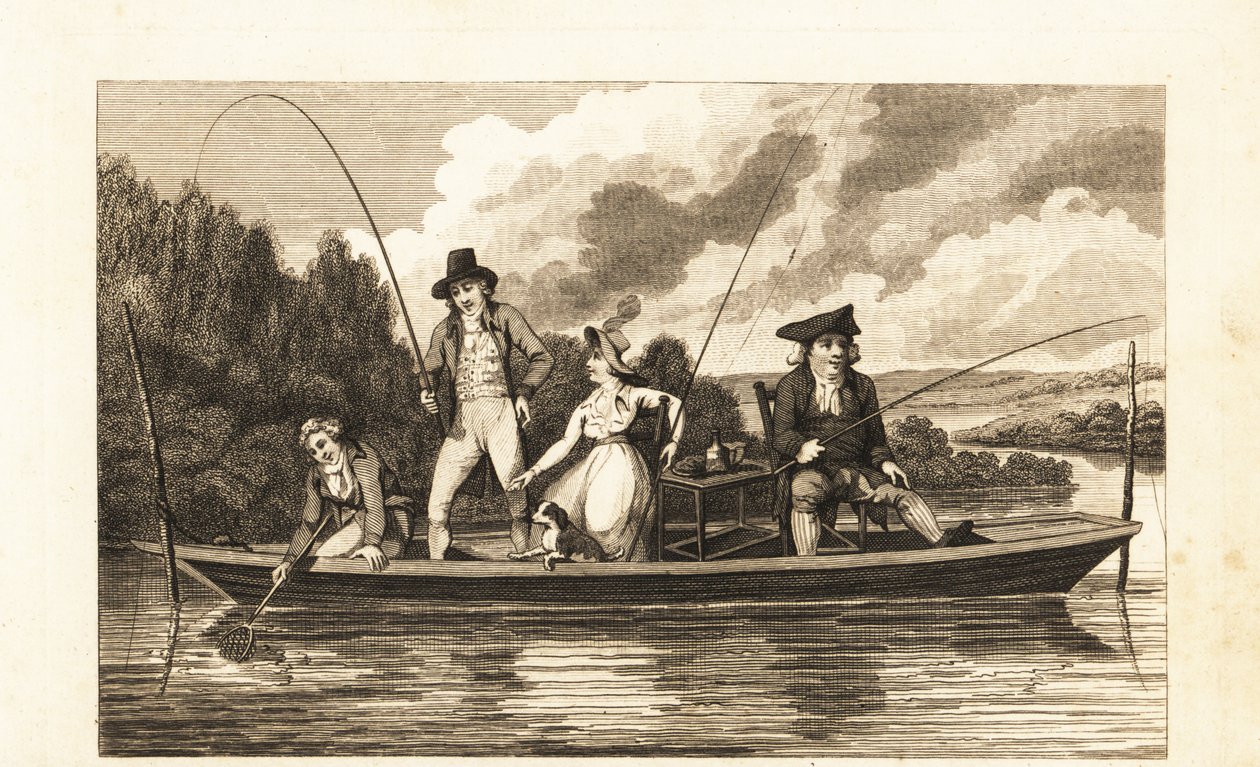 Regency gentlemen och lady fiskar på en punt i Themsen av English School