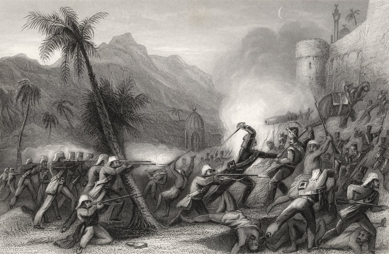 Avvärja en sortie före Delhi, från "The History of the Indian Mytery", publicerad 1858 av English School