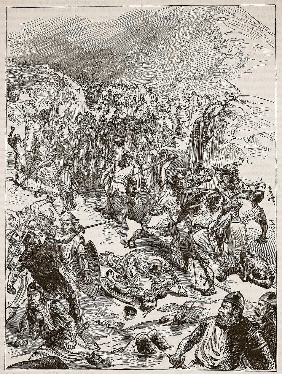 Repulse of the English at Corwen, illustration från Cassells Illustrated History of England (sepiafoto) av English School
