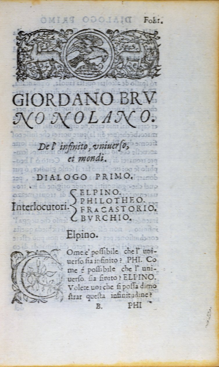 Res 28610 Första sidan av De lInfinito Universo et Mondi av Giordano Bruno, publicerad i London, 1584 (tryckt papper) av English School
