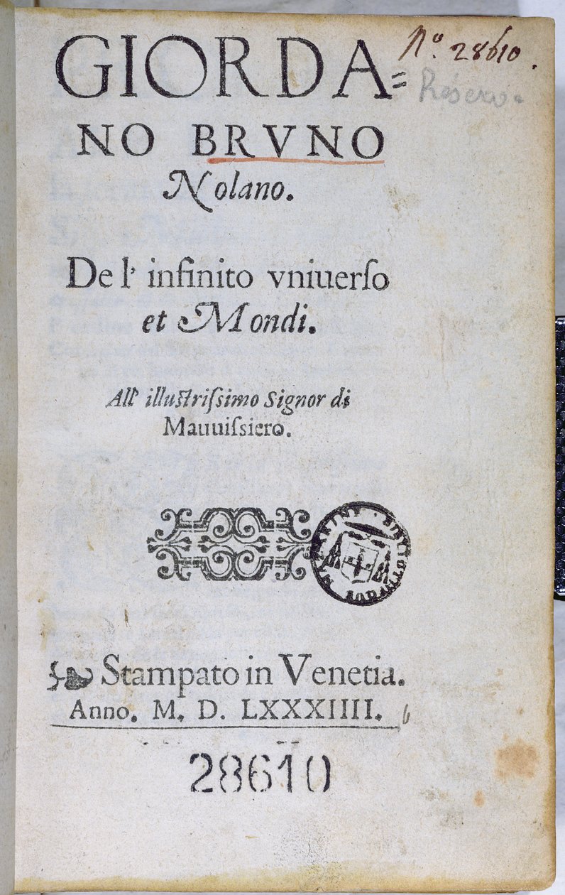 Res 28610 Titelsida för De lInfinito Universo et Mondi av Giordano Bruno, publicerad i London, 1584 (tryckt papper) av English School