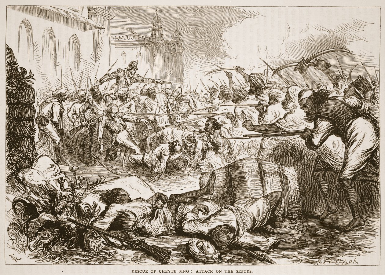 Rescue of Cheyte Sing: attack mot sepoys, illustration från Cassells Illustrated History of India av James Grant, pub. 1879 av English School