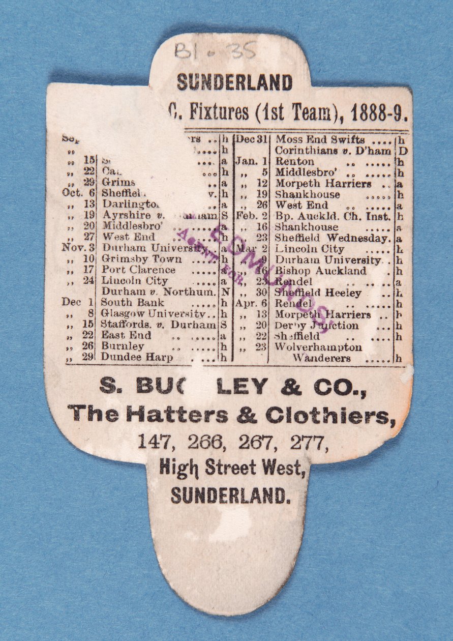 Baksidan av Cant be Beaten. Spela Up Sunderland. Buckleys hattar av English School