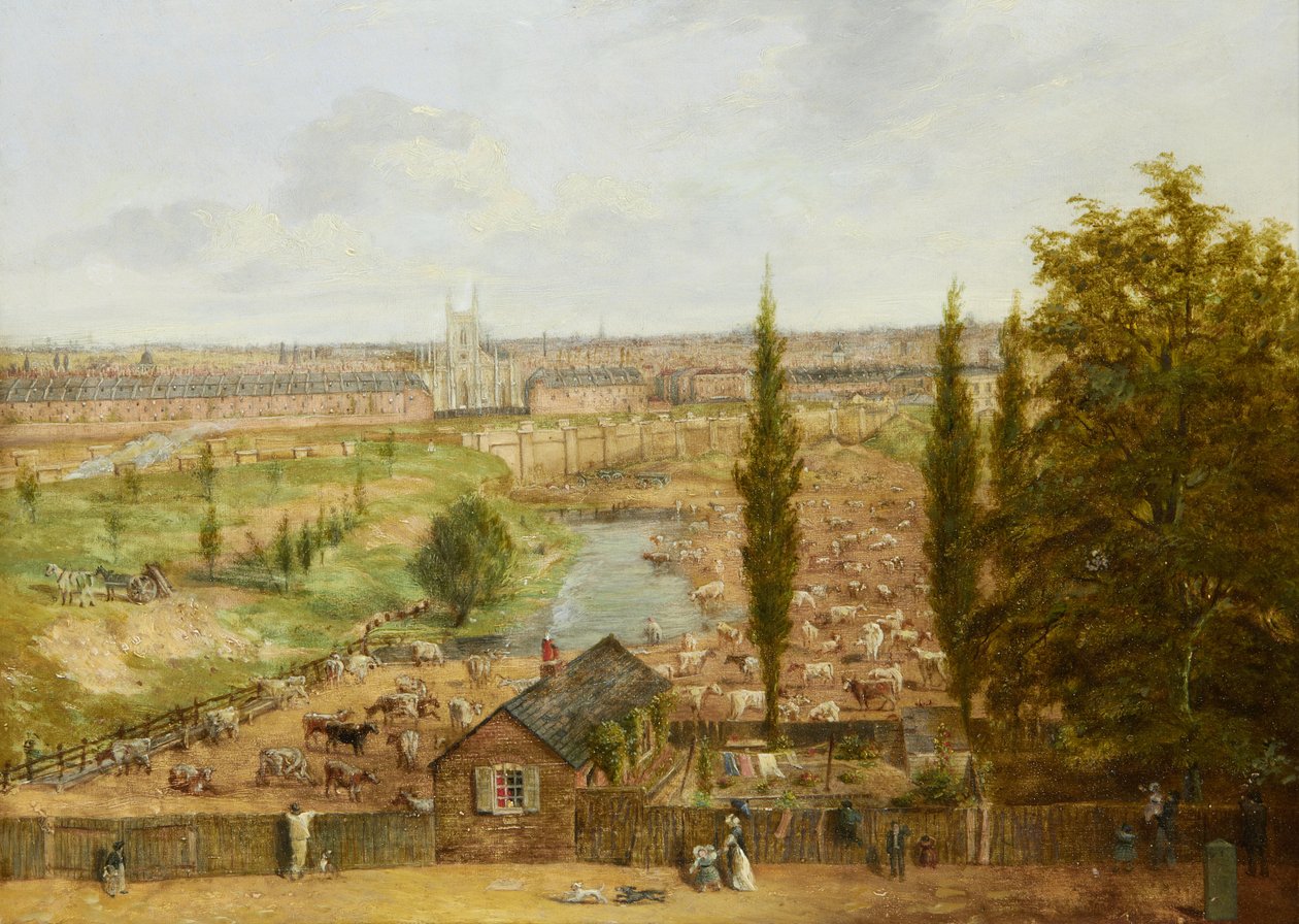 Rhobess Farm 1844 (nu Ampthill Square i Camden, London); har inskriptionen "Allt som återstod under år 1844 av den en gång hyllade Rhobess Farm Hampstead Road nu Ampthill Square" (på etiketten tergo); olja på panel; 33 x 45,5 cm av English School