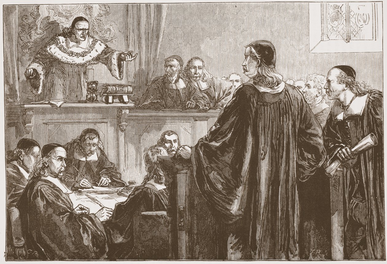 Richard Baxter inför domaren Jeffreys, illustration från The History of Protestantism av James Aitken Wylie (1808-1890), pub. 1878 av English School