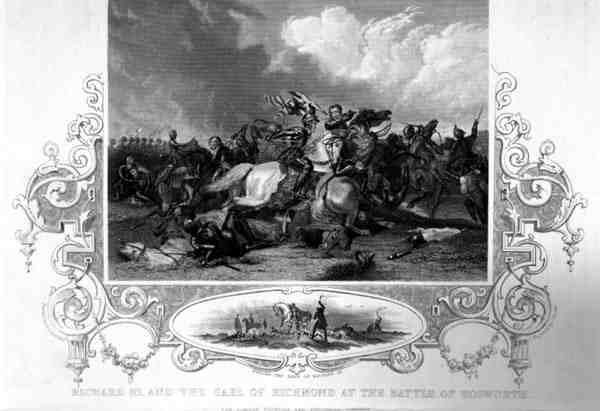 Richard III och jarlen av Richmond i slaget vid Bosworth (gravyr) av English School