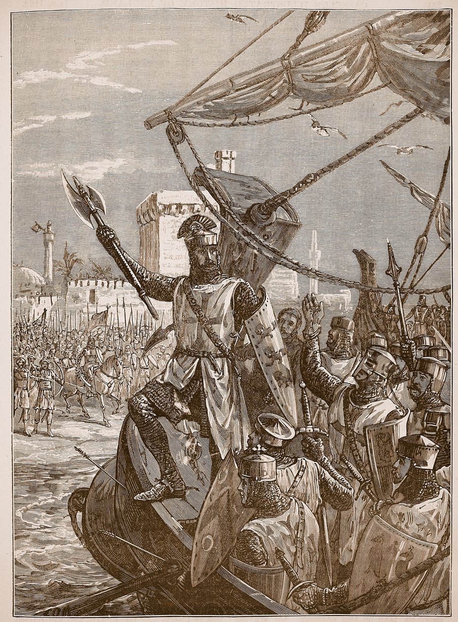 Richard landar i Jaffa, illustration från Cassells Illustrated History of England (sepiafoto) av English School