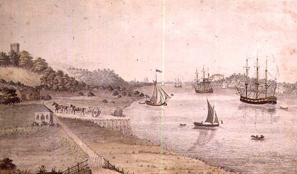 Flodlandskap med sjöfart och Dover Coach, ca 1800 (penna och tvätt) (par 72977) av English School