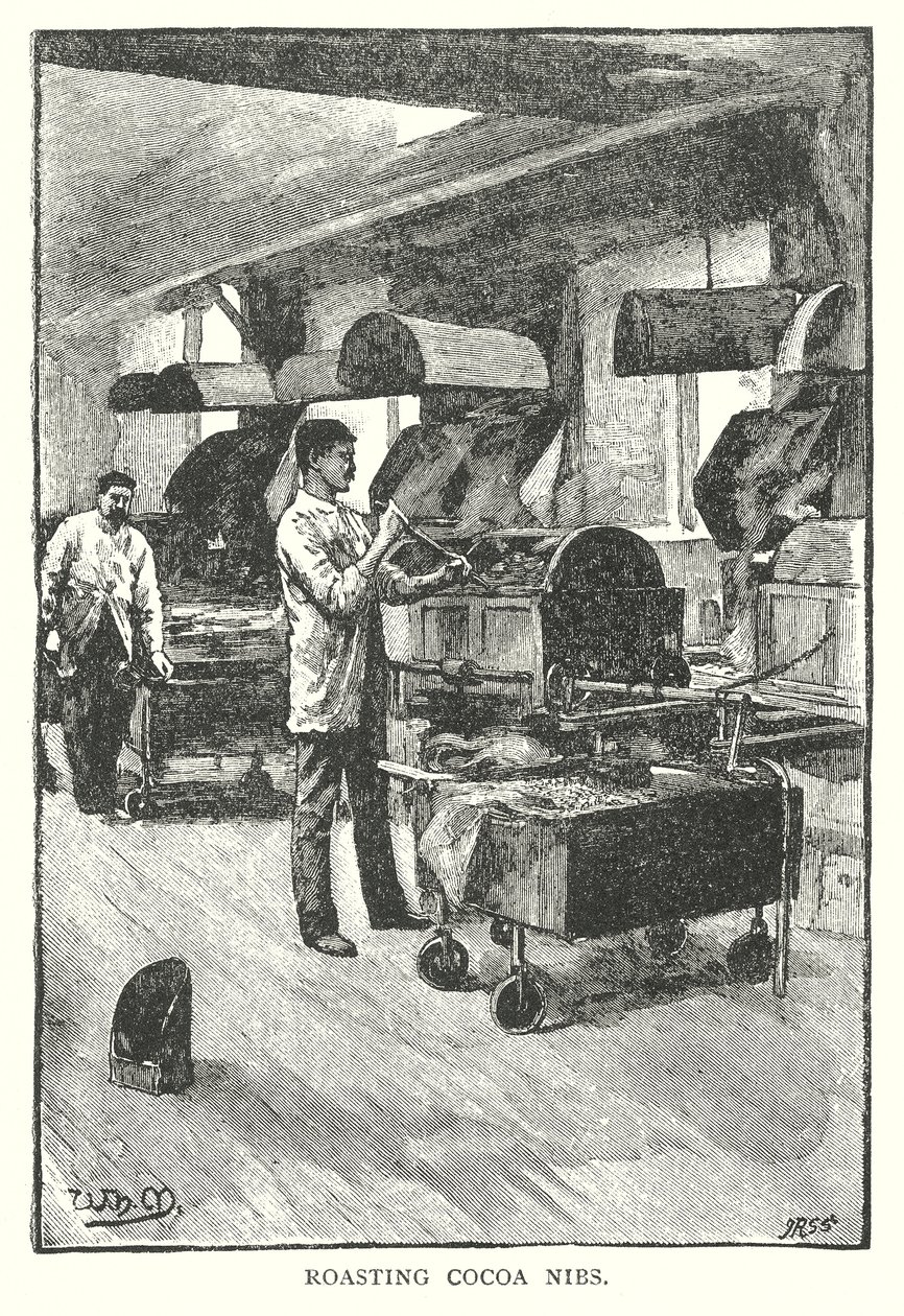 Rostning av kakaonibs (gravyr) av English School