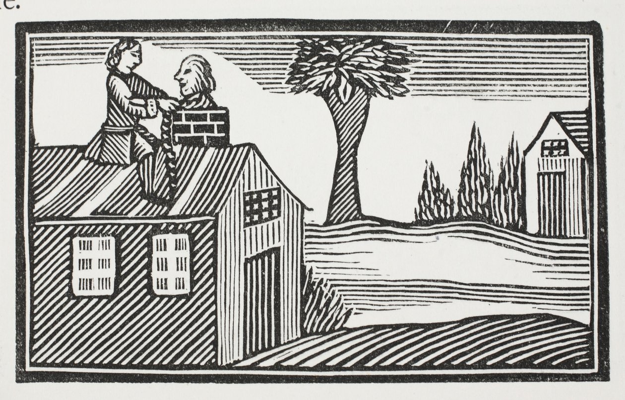 Råna huset på dess bacon, illustration från Chap-books of the Eighteenth Century av John Ashton, pub. 1882 av English School