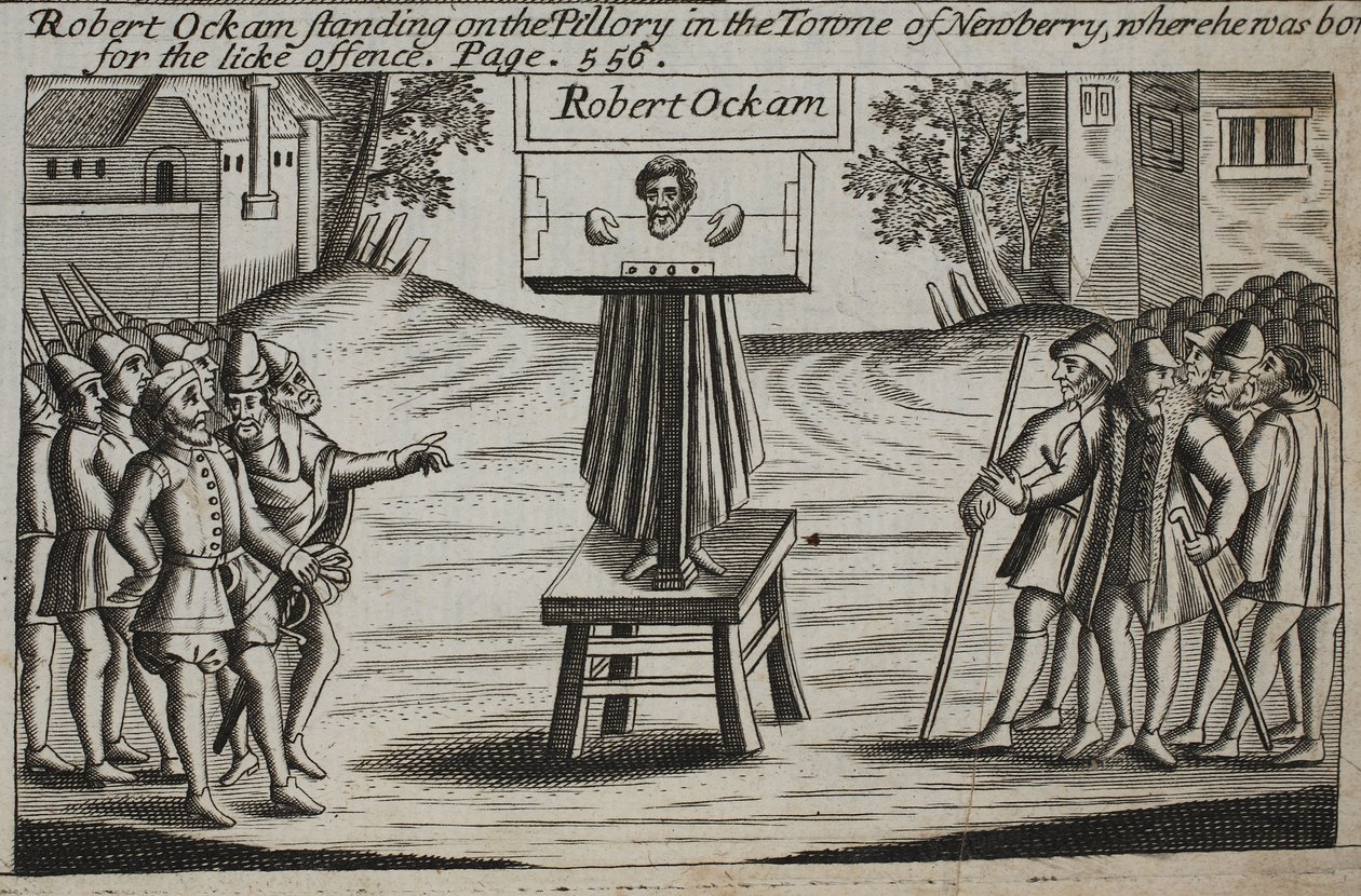 Robert Ockam stående på pelaren i staden Newberry, där han föddes, illustration från Acts and Monuments av John Foxe, nionde upplagan, pub. 1684 av English School