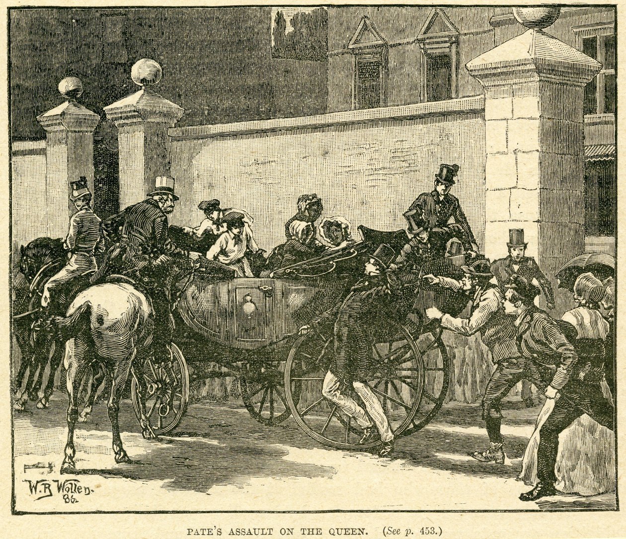 Robert Pates Striking the Queen utanför Cambridge House, illustration hämtad från The Life and Times of Queen Victoria, Vol. II av Robert Wilson, 1888 av English School