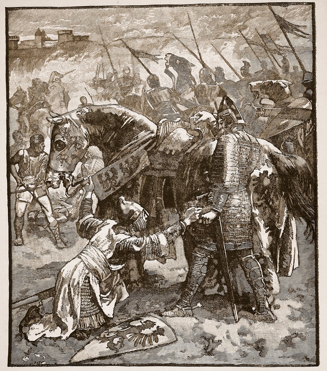 Robert ber sin far om ursäkt, illustration från Cassells Illustrated History of England (sepiafoto) av English School