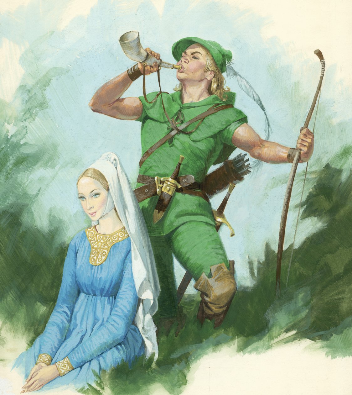 Robin Hood blåser i ett horn (gouache på papper) av English School