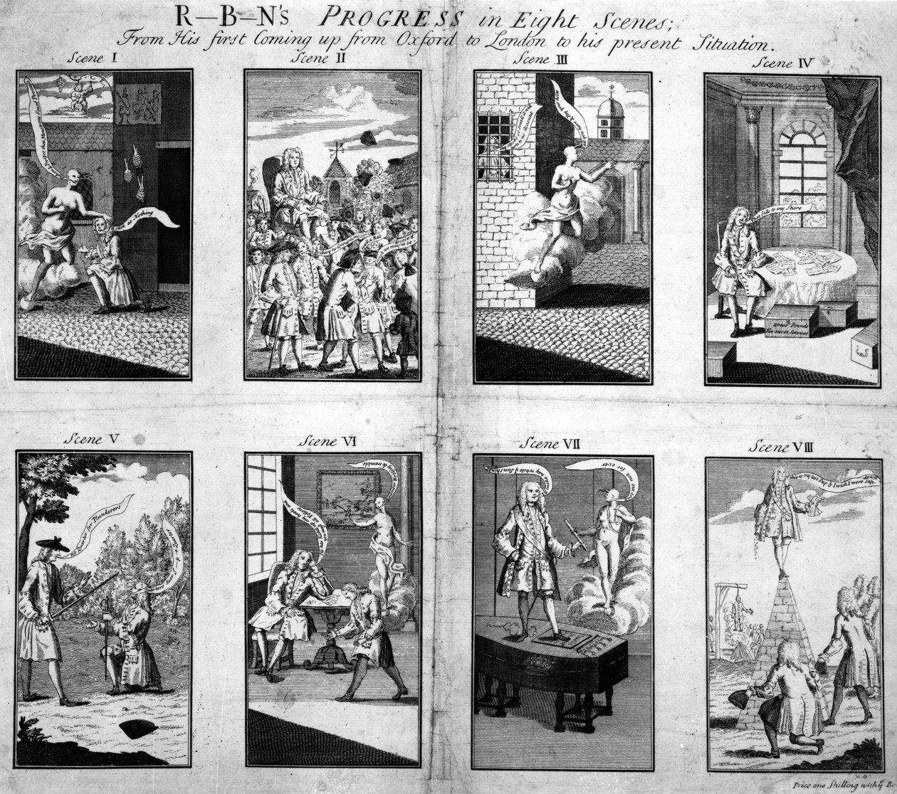 Robins Progress i åtta scener, från hans första ankomst från Oxford till London till hans nuvarande situation, 1733 av English School