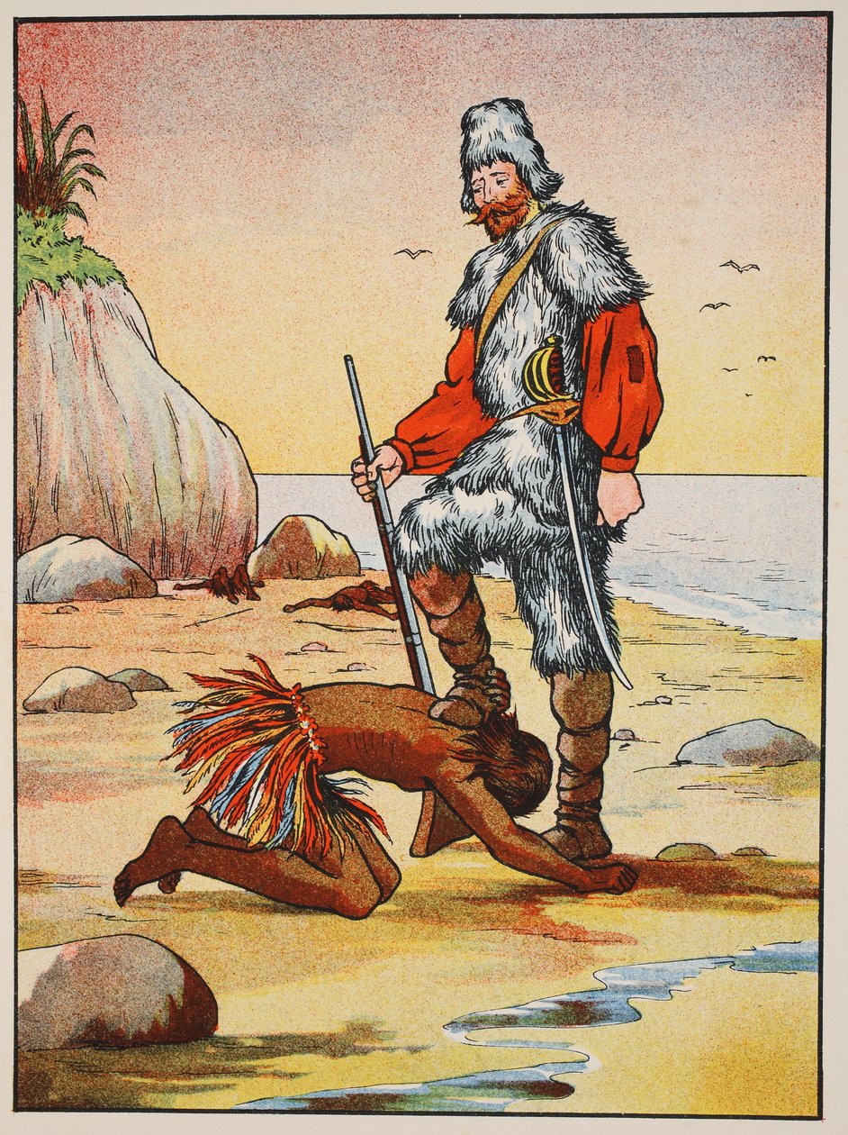 Robinson Crusoe och fredag, illustration från The Story of Robinson Crusoe: En anpassning för barn efter Defoes språk, pub. av Griffith Farran Browne & Co. Limited, London av English School