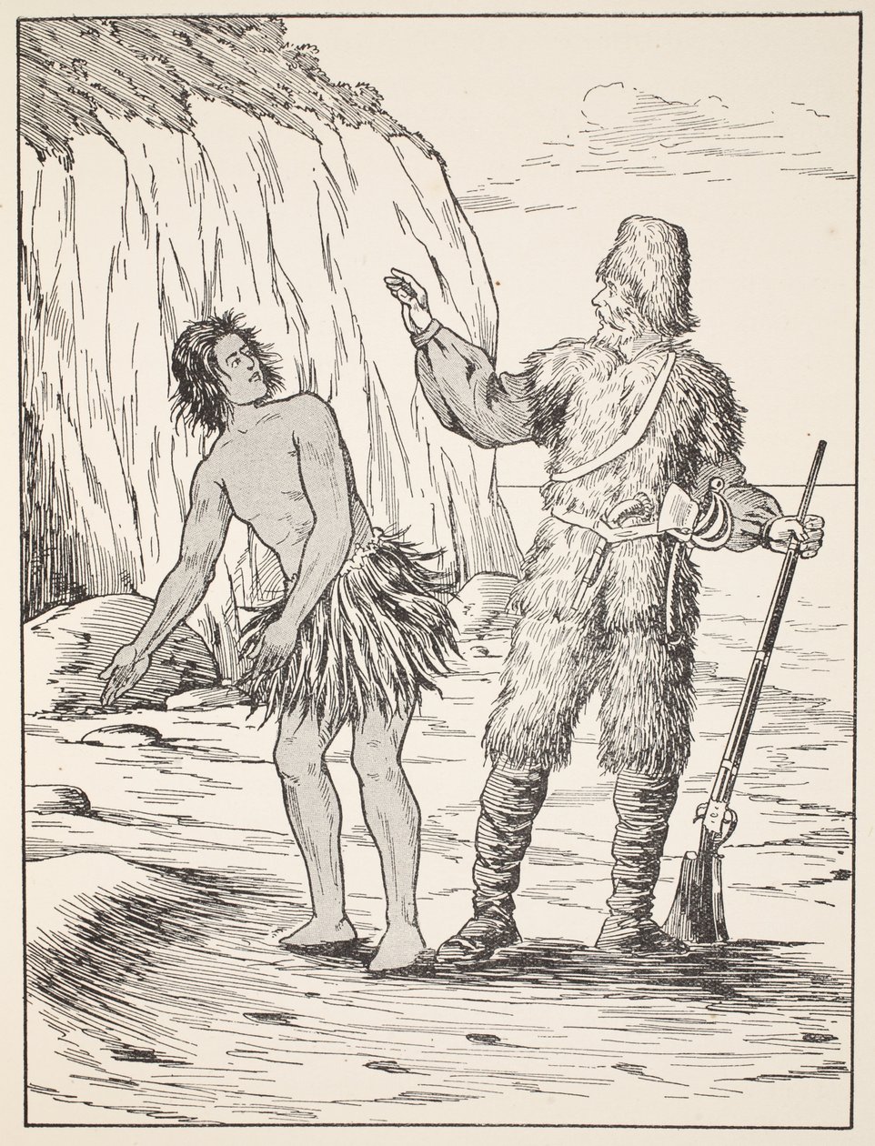 Robinson Crusoe och fredag, illustration från The Story of Robinson Crusoe: En anpassning för barn efter Defoes språk, pub. av Griffith Farran Browne & Co. Limited, London av English School