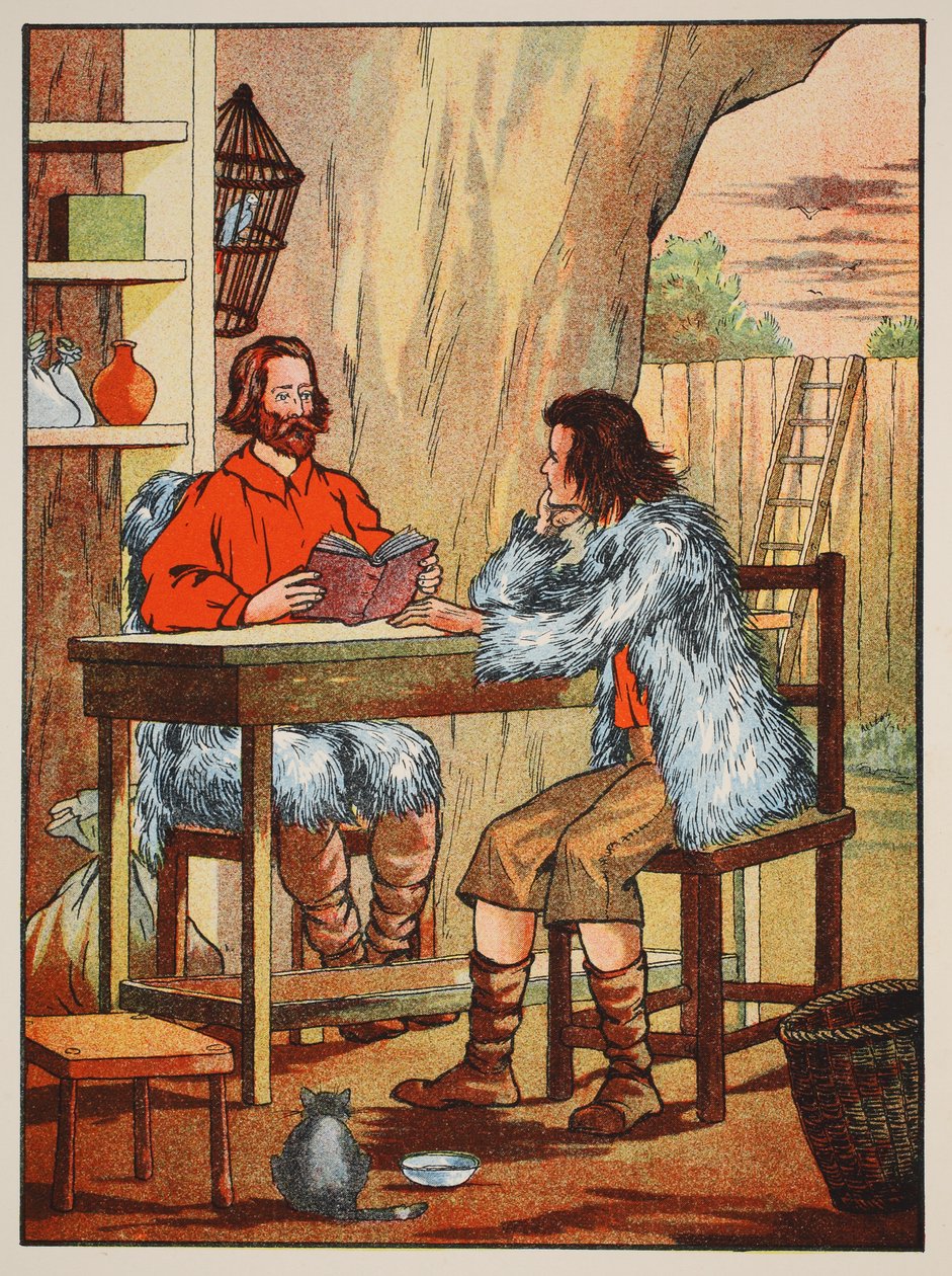 Robinson Crusoe och fredag, illustration från The Story of Robinson Crusoe: En anpassning för barn efter Defoes språk, pub. av Griffith Farran Browne & Co. Limited, London av English School