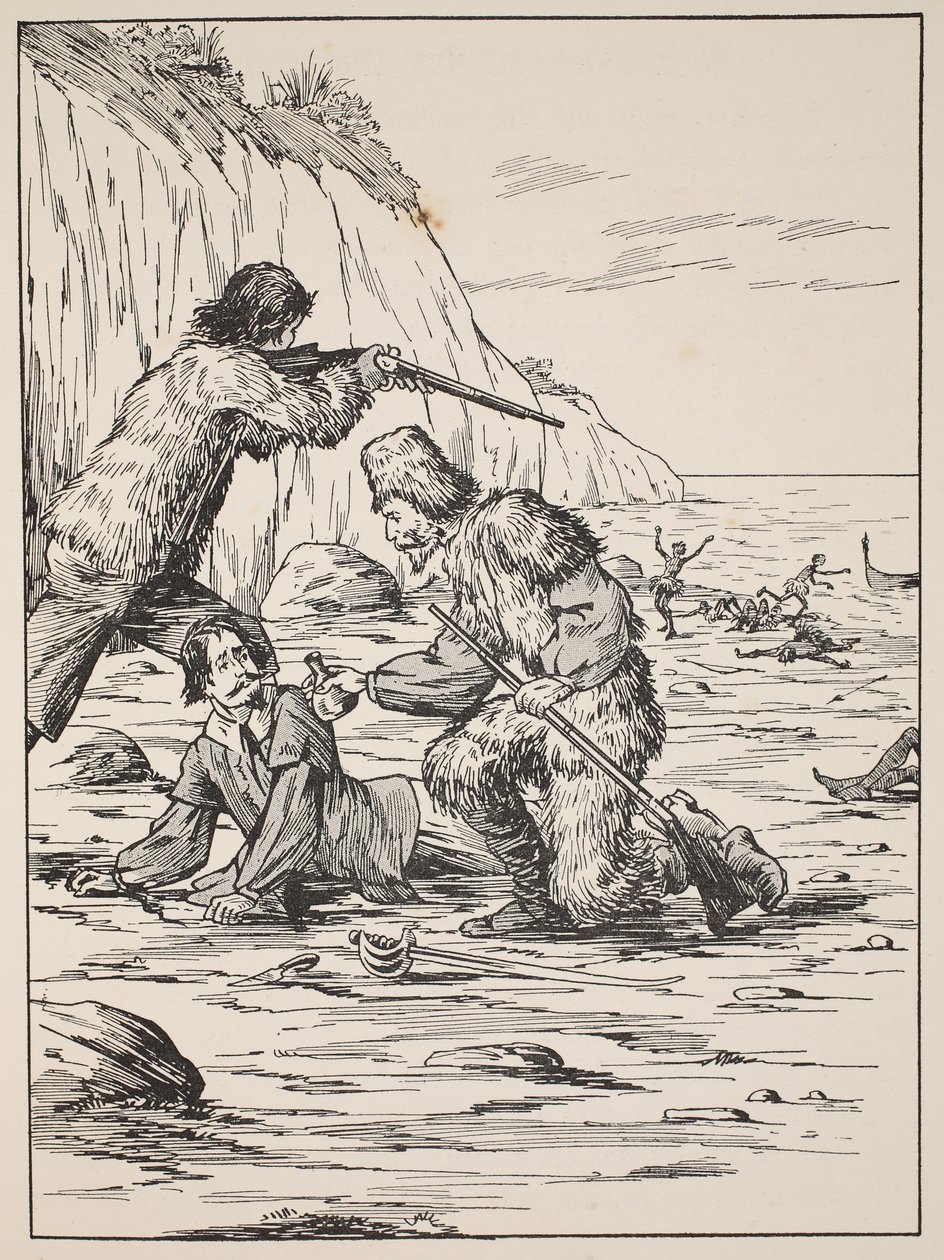 Robinson Crusoe och Friday rescuing the Spanjor, illustration från The Story of Robinson Crusoe: An adaptation for children following Defoes language, pub. av Griffith Farran Browne & Co. Limited, Lo av English School