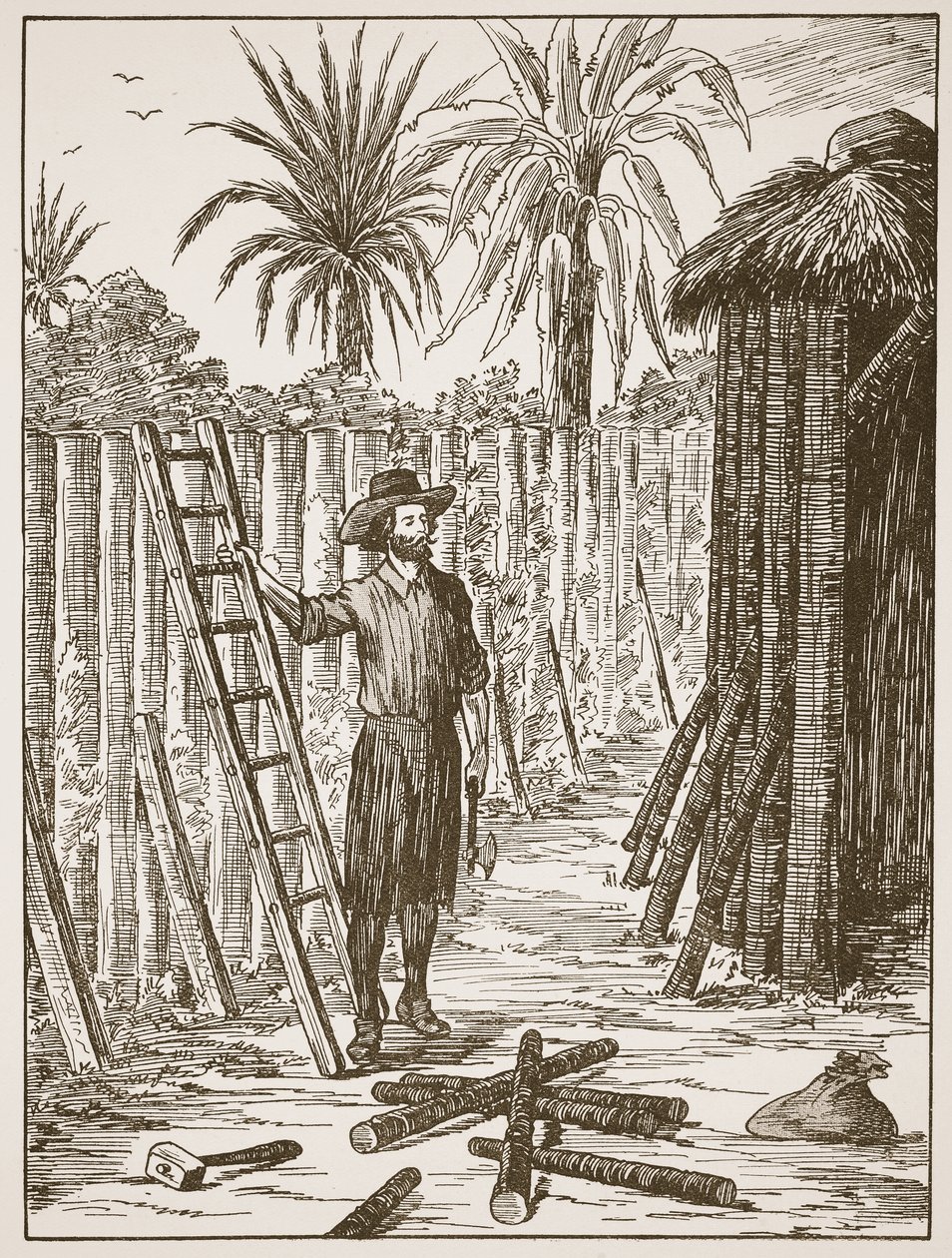 Robinson Crusoe bygger sin bower, illustration från The Story of Robinson Crusoe: En anpassning för barn efter Defoes språk, pub. av Griffith Farran Browne & Co. Limited, London av English School