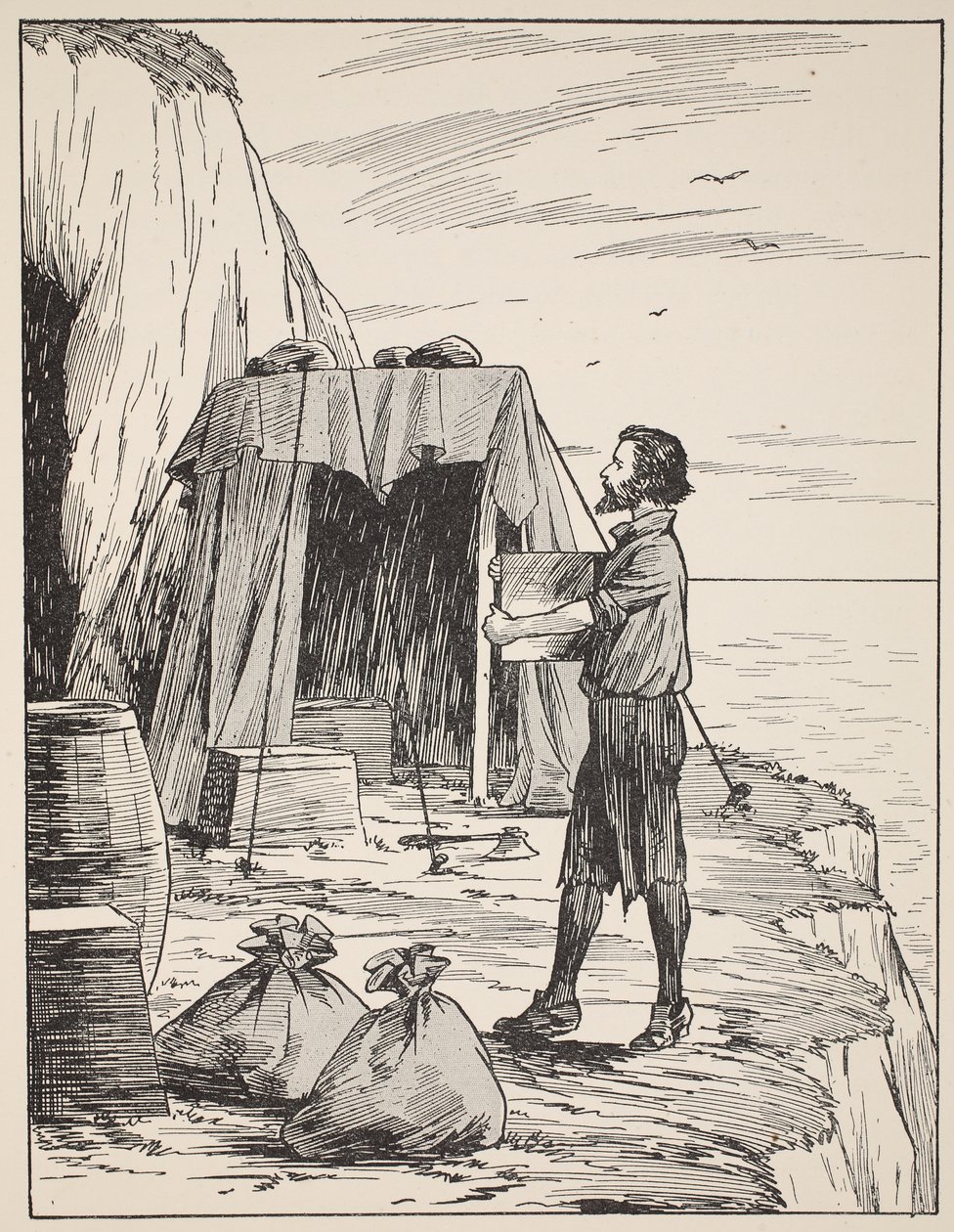Robinson Crusoe bygger sitt härbärge, illustration från The Story of Robinson Crusoe: En anpassning för barn efter Defoes språk, pub. av Griffith Farran Browne & Co. Limited, London av English School