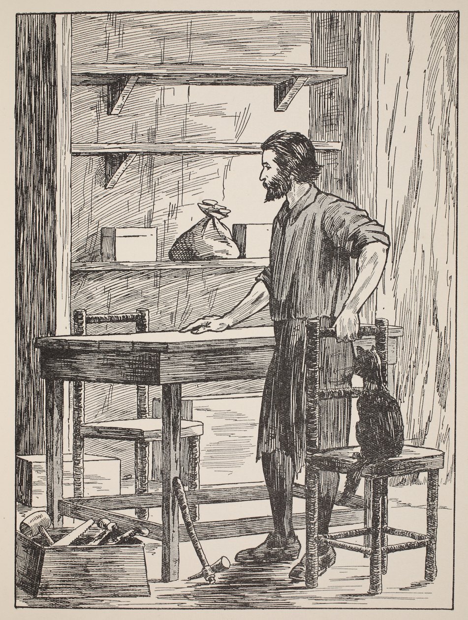 Robinson Crusoe bygger bord och stolar för sin grotta, illustration från The Story of Robinson Crusoe: An adaptation for children following Defoes language, pub. av Griffith Farran Browne & Co. Limit av English School