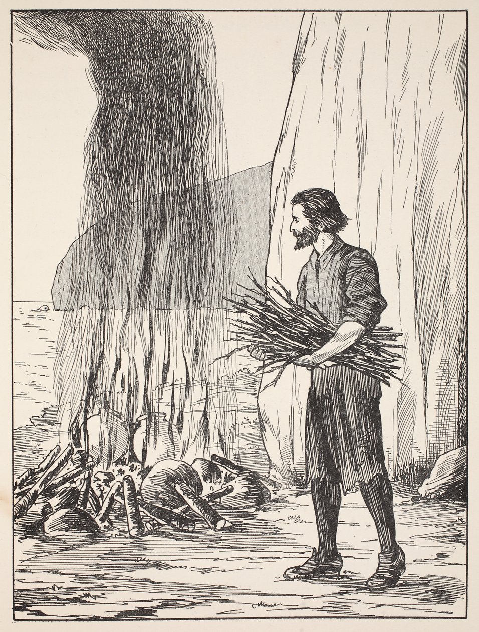 Robinson Crusoe matlagning, illustration från The Story of Robinson Crusoe: En anpassning för barn efter Defoes språk, pub. av Griffith Farran Browne & Co. Limited, London av English School