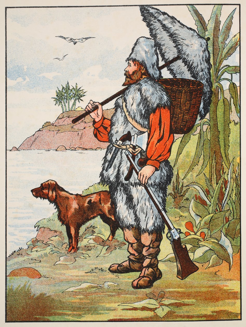 Robinson Crusoe, illustration från The Story of Robinson Crusoe: En anpassning för barn efter Defoes språk, pub. av Griffith Farran Browne & Co. Limited, London av English School