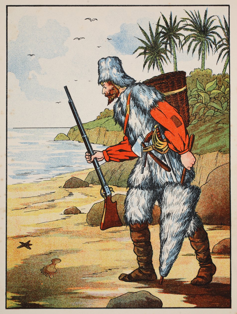 Robinson Crusoe, illustration från The Story of Robinson Crusoe: En anpassning för barn efter Defoes språk, pub. av Griffith Farran Browne & Co. Limited, London av English School