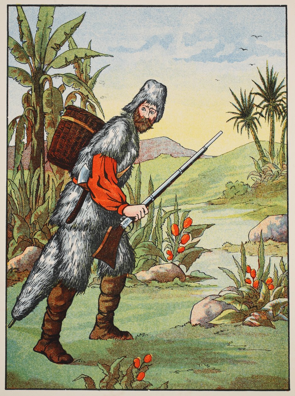 Robinson Crusoe, illustration från The Story of Robinson Crusoe: En anpassning för barn efter Defoes språk, pub. av Griffith Farran Browne & Co. Limited, London av English School
