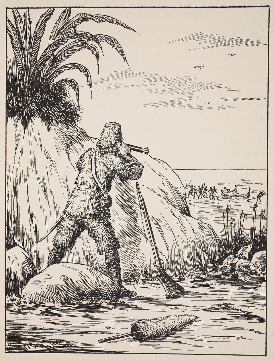 Robinson Crusoe, illustration från The Story of Robinson Crusoe: En anpassning för barn efter Defoes språk, pub. av Griffith Farran Browne & Co. Limited, London av English School