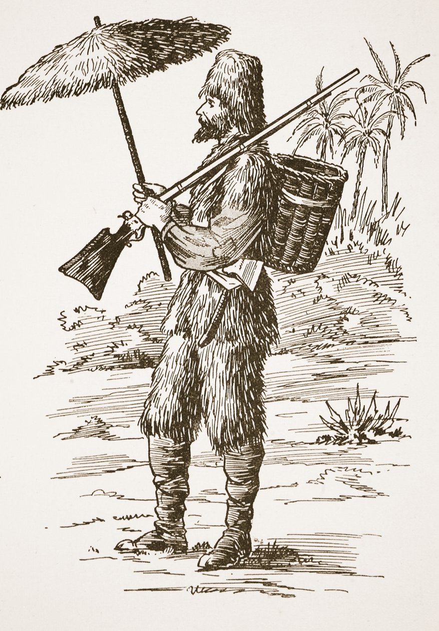 Robinson Crusoe, illustration från The Story of Robinson Crusoe: En anpassning för barn efter Defoes språk, pub. av Griffith Farran Browne & Co. Limited, London av English School