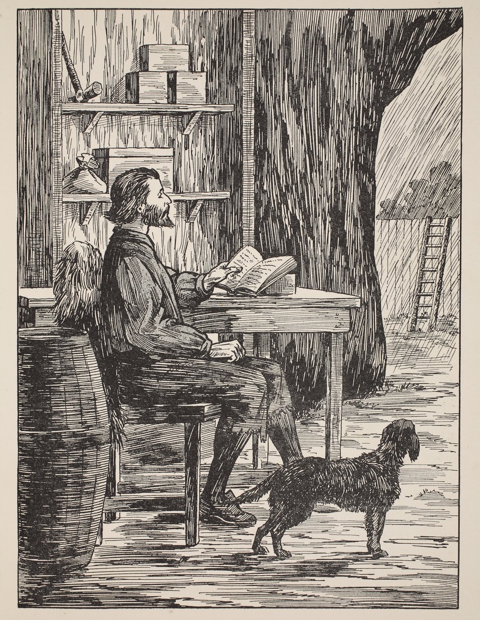 Robinson Crusoe i sin grotta, illustration från The Story of Robinson Crusoe: En anpassning för barn efter Defoes språk, pub. av Griffith Farran Browne & Co. Limited, London av English School