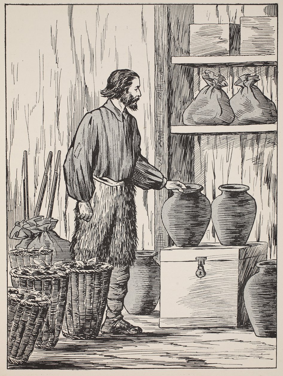 Robinson Crusoe i sitt förråd, illustration från The Story of Robinson Crusoe: En anpassning för barn efter Defoes språk, pub. av Griffith Farran Browne & Co. Limited, London av English School